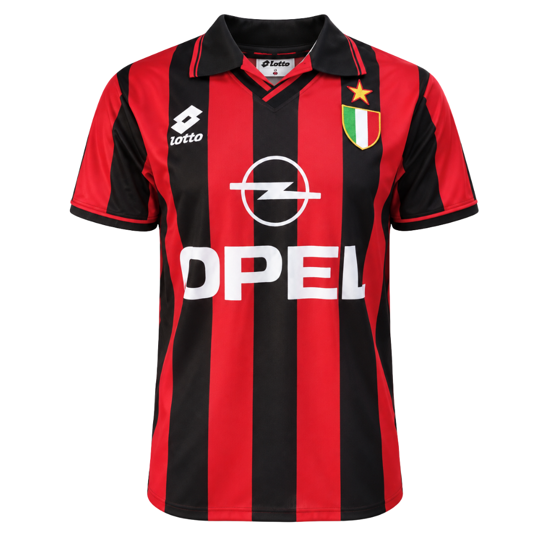 AC Milan 1996/97 home retro jersey with red and black stripes and white Opel sponsor - ITASPORT