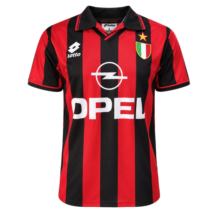 AC Milan 1996/97 home retro jersey with red and black stripes and white Opel sponsor - ITASPORT